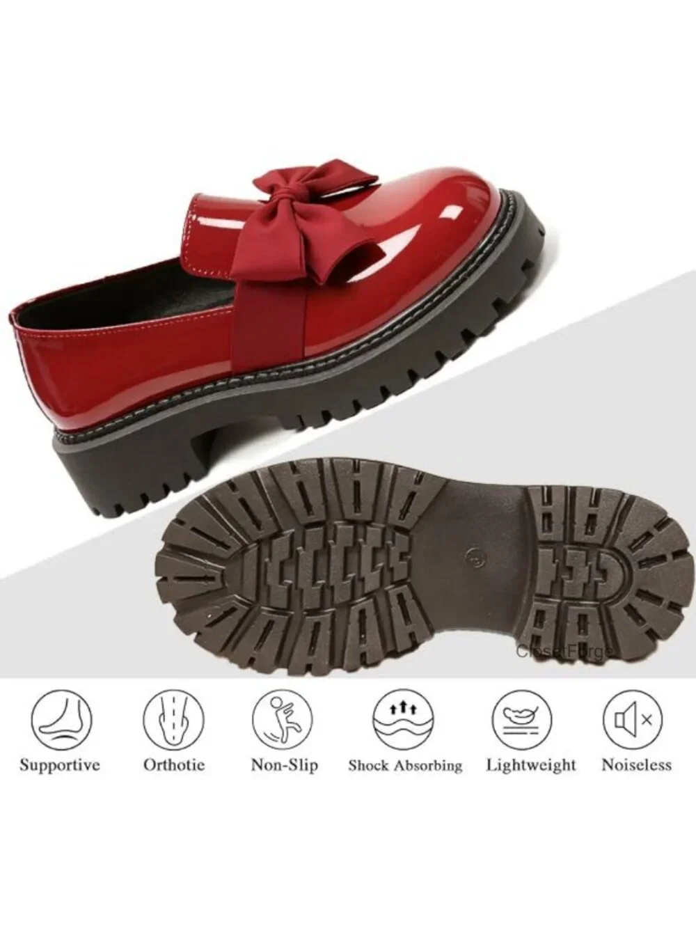Patent Leather Chunky Heel Bow Loafers Round Toe Platform Non-Slip Lug Sole